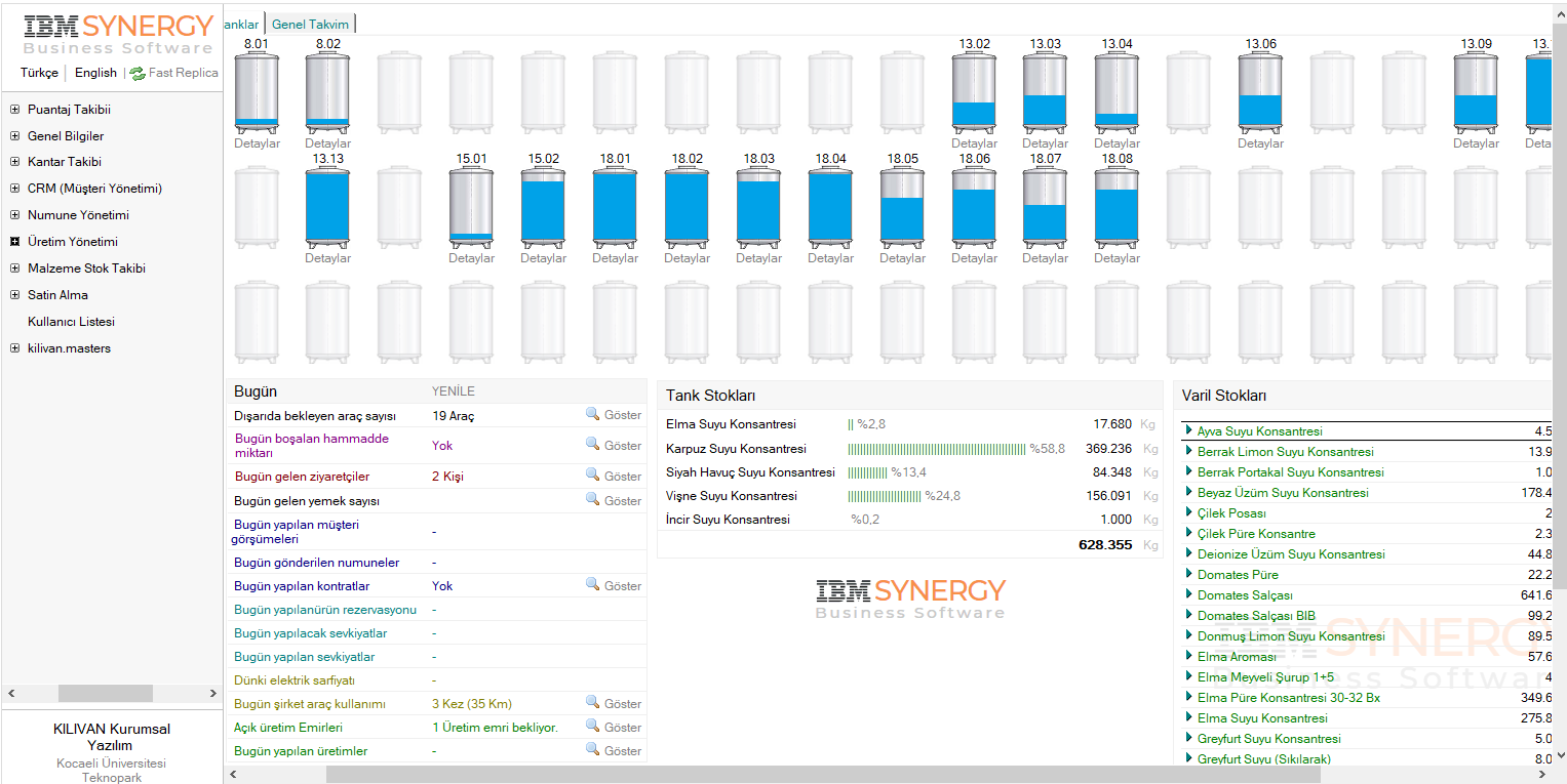 Synergy gerçek tank ve stok takip ekranı
