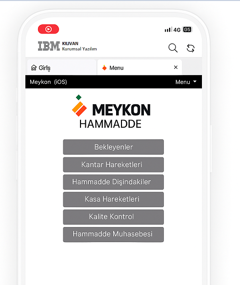MEYKON hammadde mobil uygulaması: gerçek ekran görüntüsü